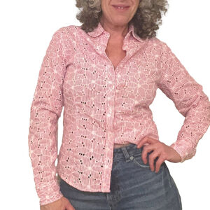 VINTAGE TABI Button Up Shirt Pink & White Striped Oxford w/ Eyelet Embroidery XS